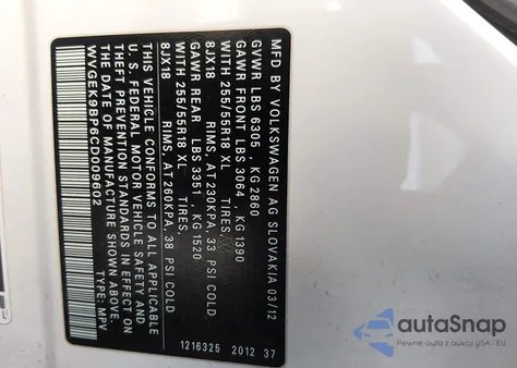 2012 Volkswagen Touareg Tdi Sport from USA, damaged, VIN WVGEK9BP6CD009602